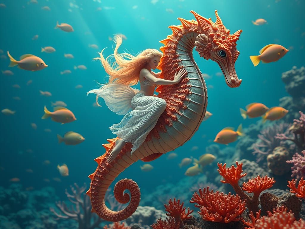 Mermaid Riding a Seahorse in a Vibrant Coral Reef