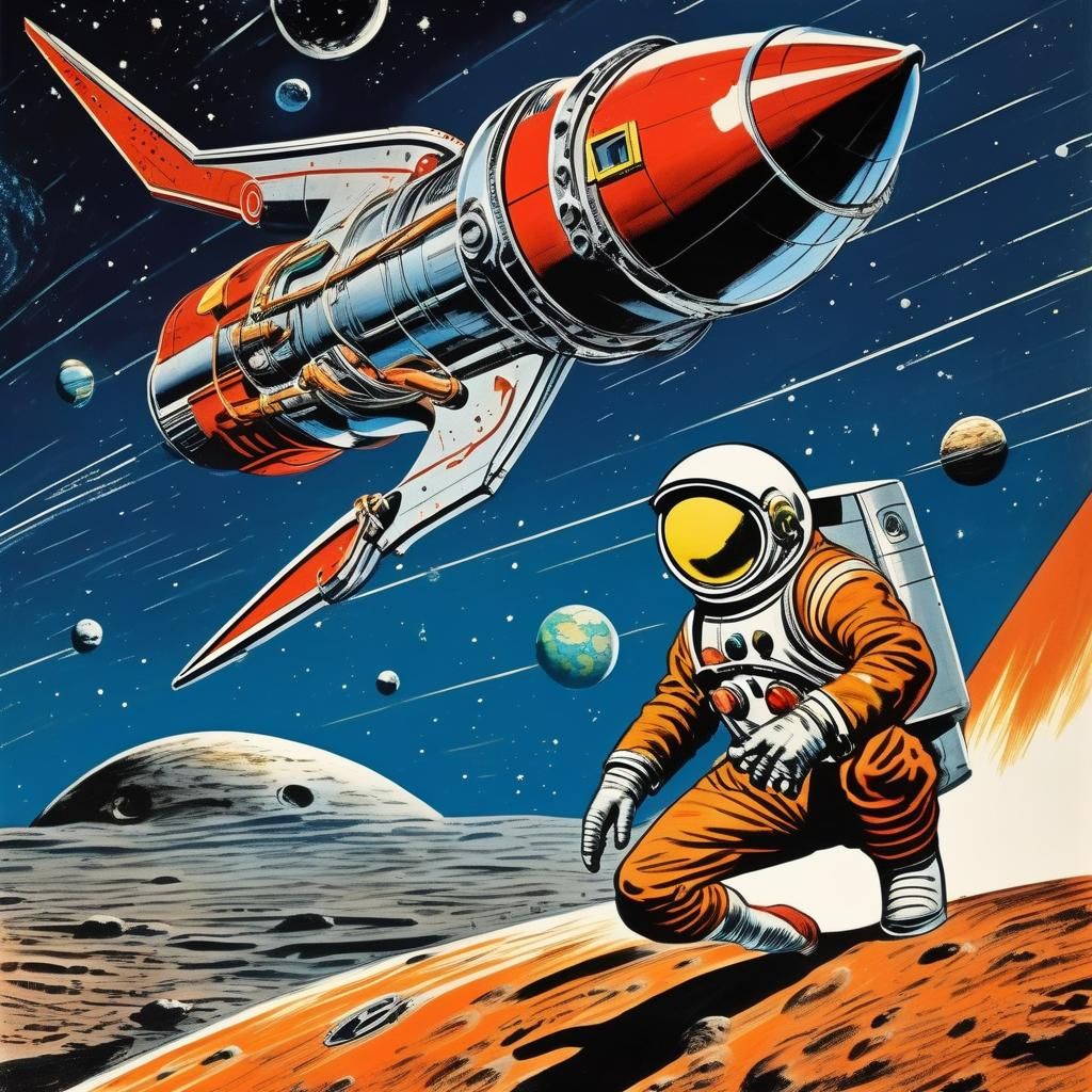 Retro Rocketship Repair in Orbit: Comic Art Style