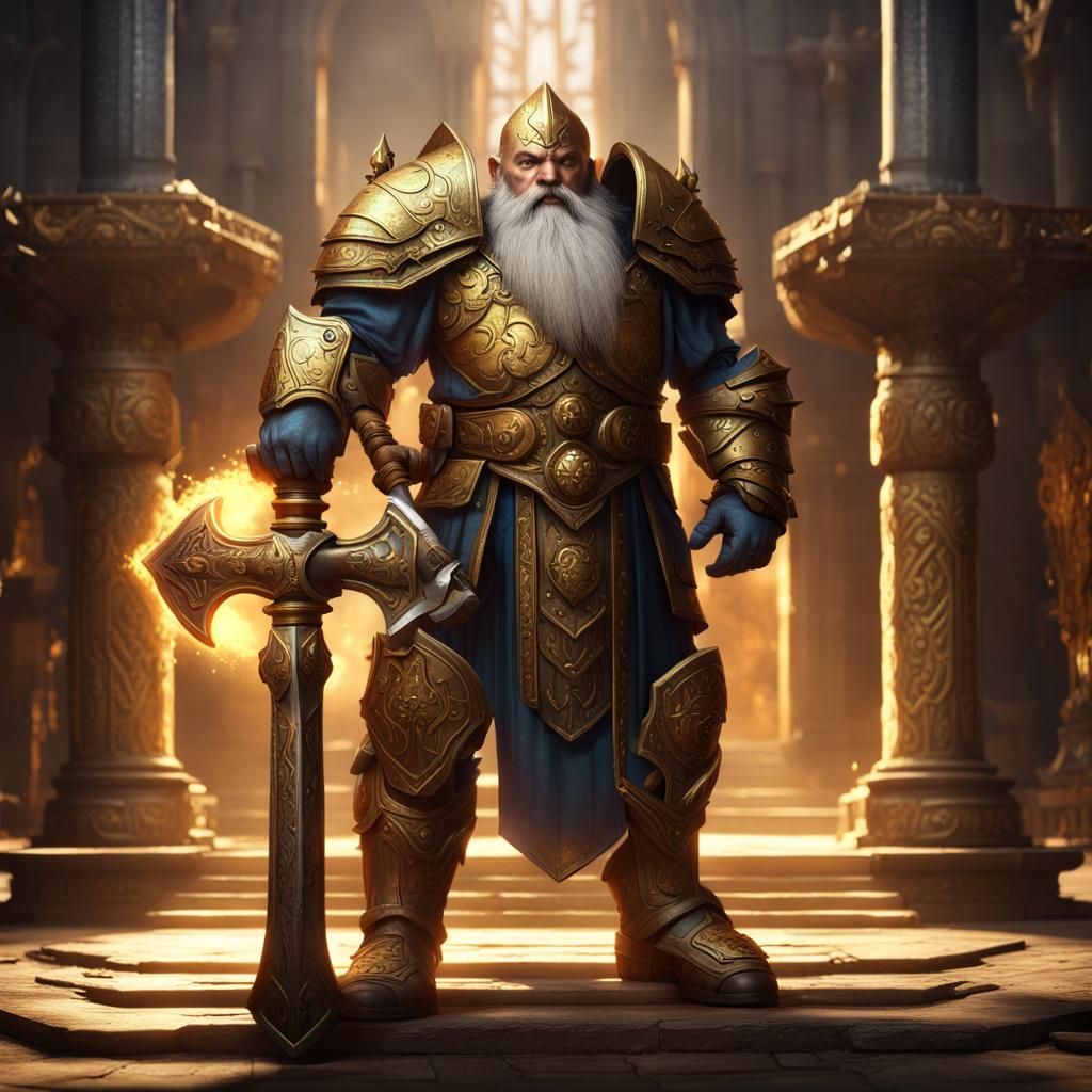Dwarf Paladin in Golden Armor with Hammer