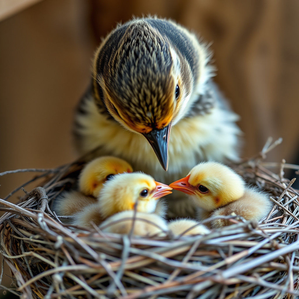 Mother Bird Feeds Chicks: Realistic Detailed Photo