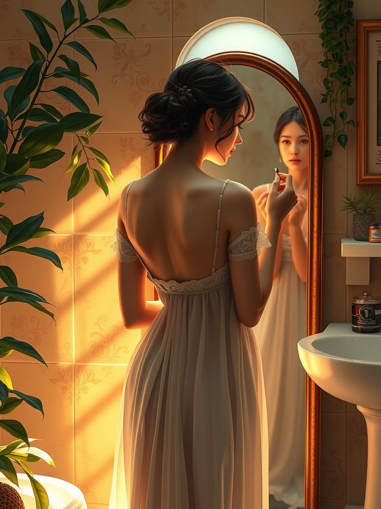 Elegant Woman in Bathroom, Art Nouveau Style
