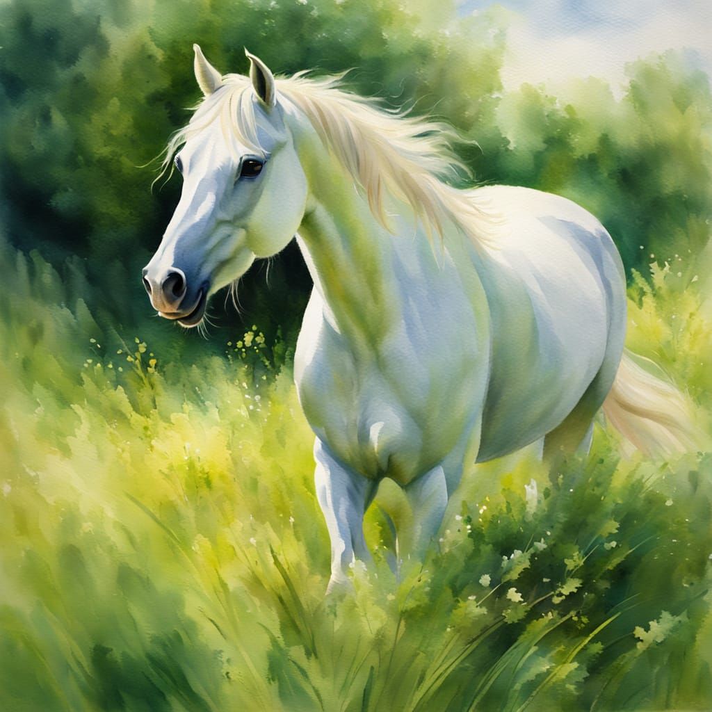 White Horse Runs in Meadow: Impressionist Watercolour