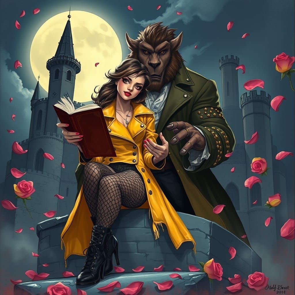 airbrushed acrylic cartoon, Baddie Belle in a tattered yello...