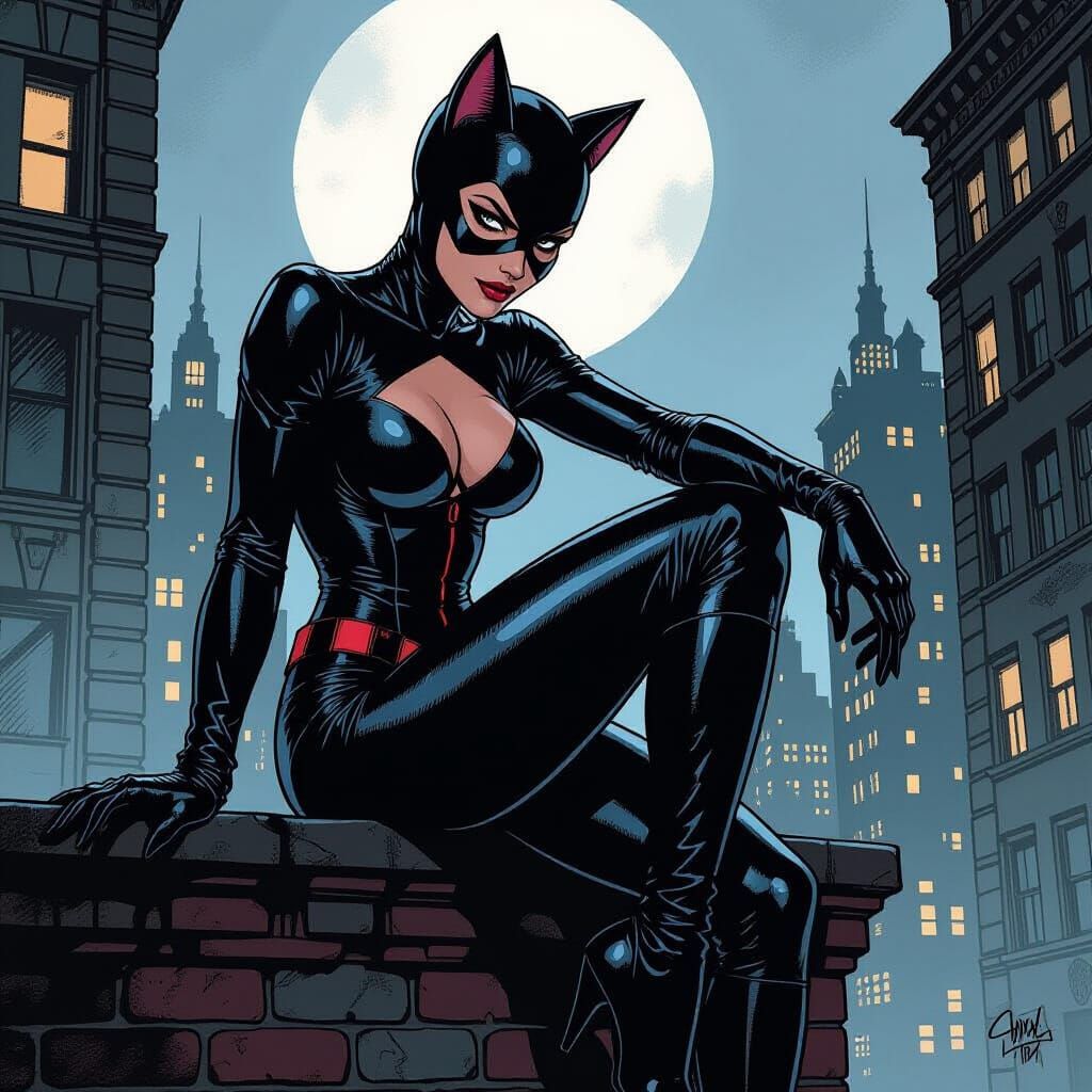 Catwoman on Gotham Rooftop in Comic Book Style