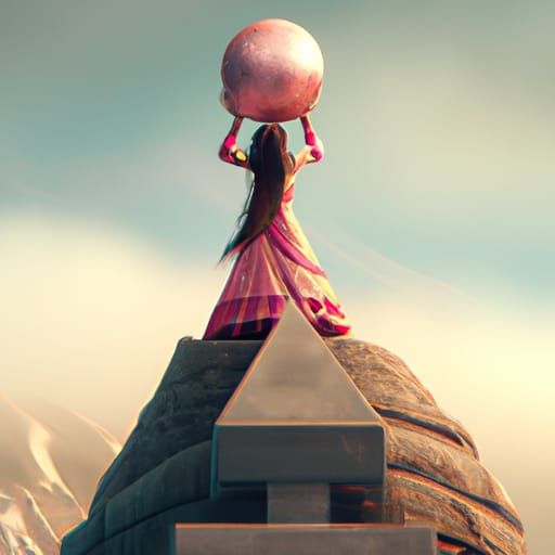 Girl in Pink Dress Atop Iron Mountain, Digital Art