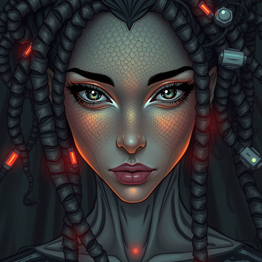 Biopunk Anime Woman with Scaly Skin and Dreadlocks