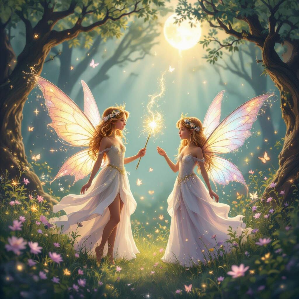 Two Glowing Fairies in Magical Glen with Magic Wand