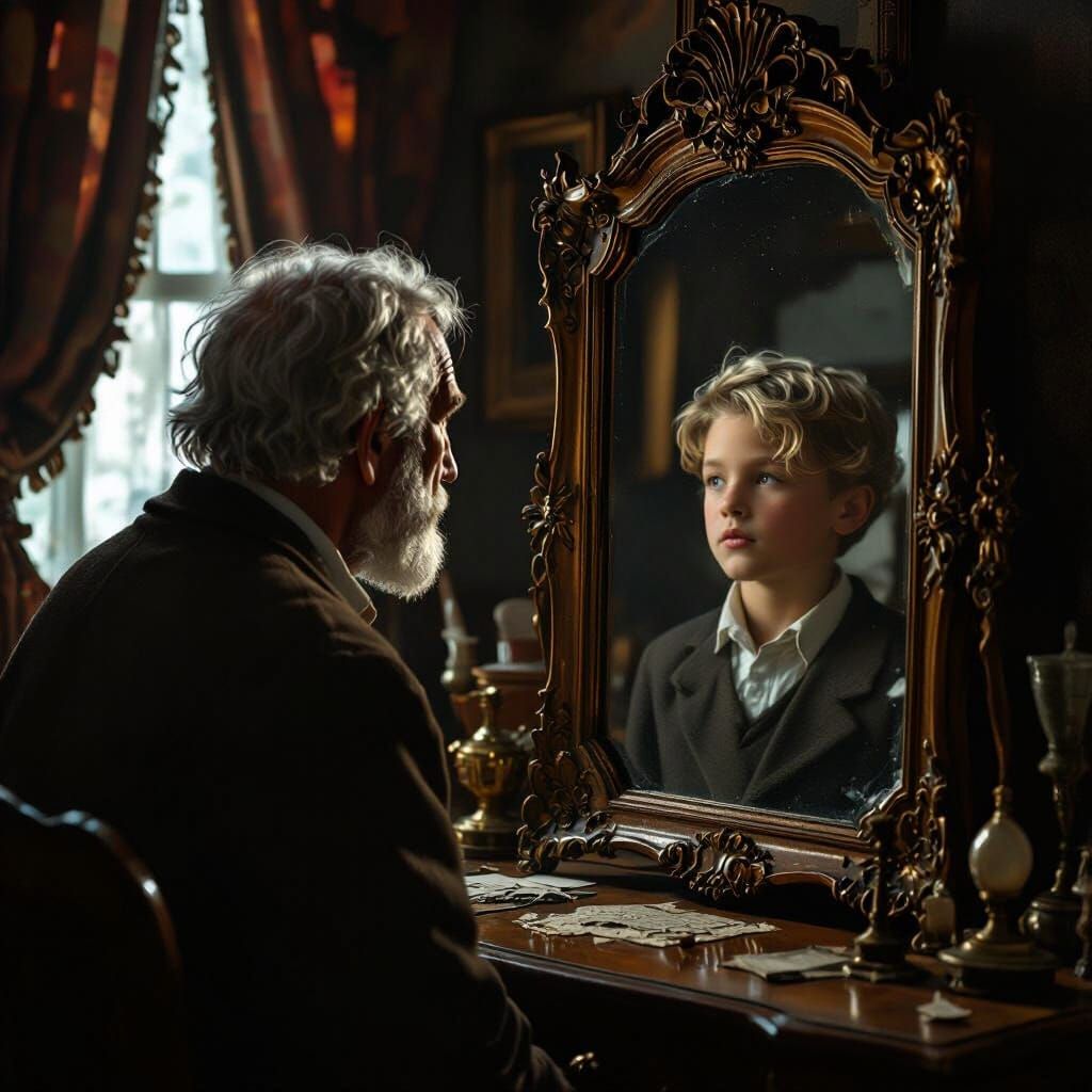 Elderly Man Sees Young Boy in Antique Mirror Portrait