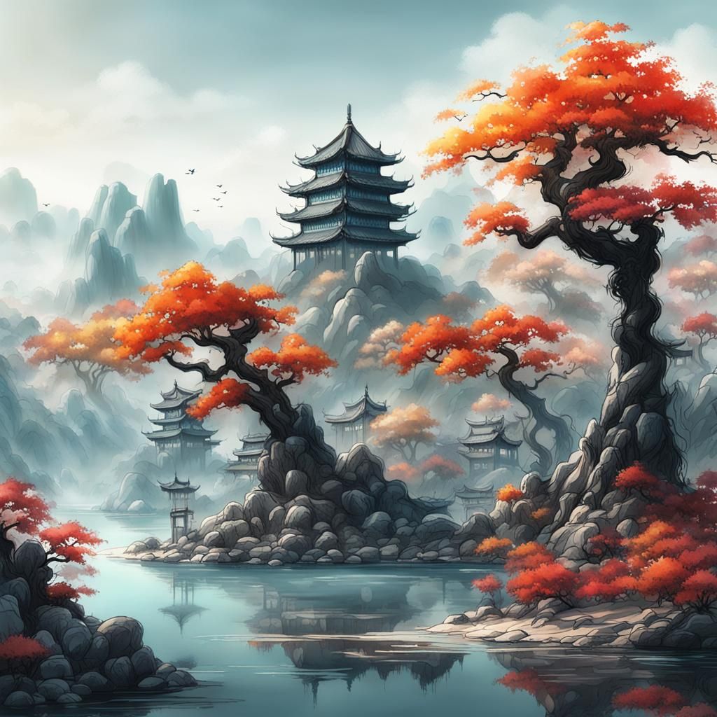 Chinese Ink Painting of Lakeside Trees