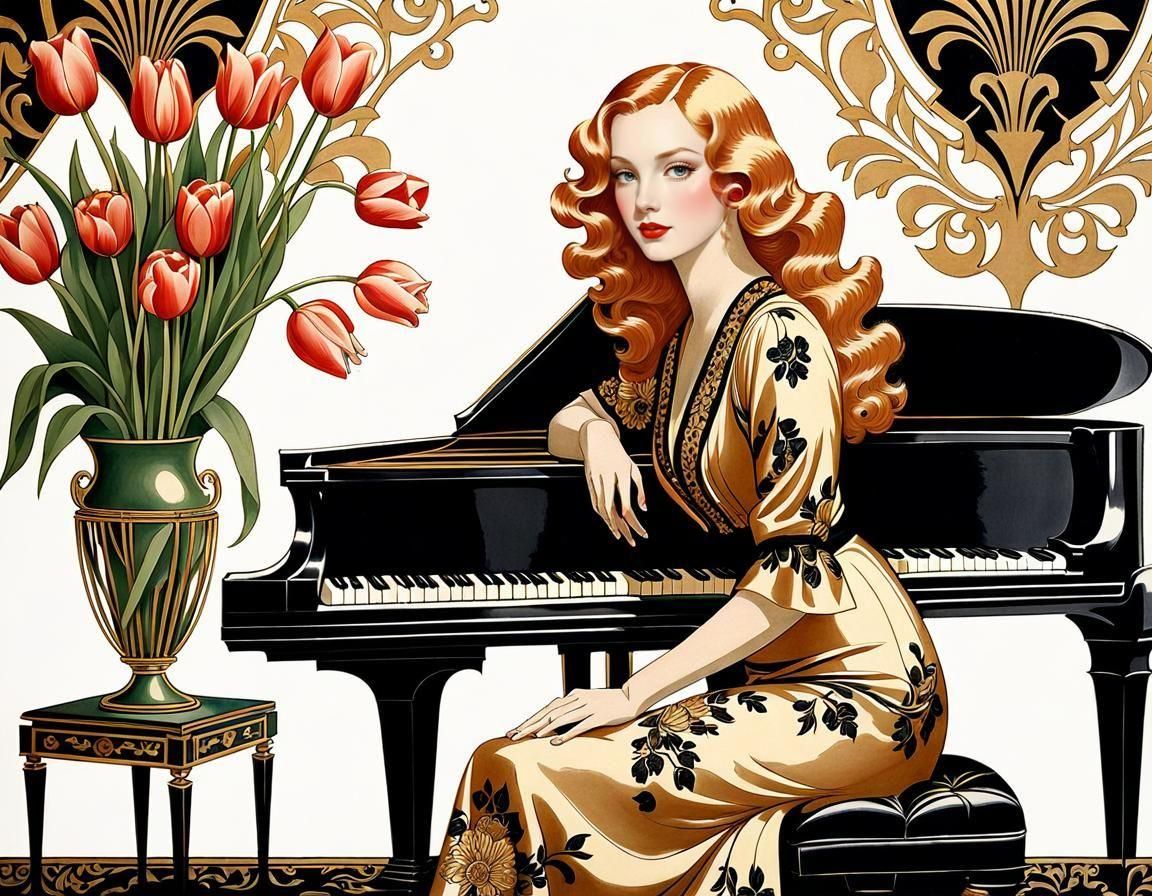 Art Deco Flapper at Piano with Tulips