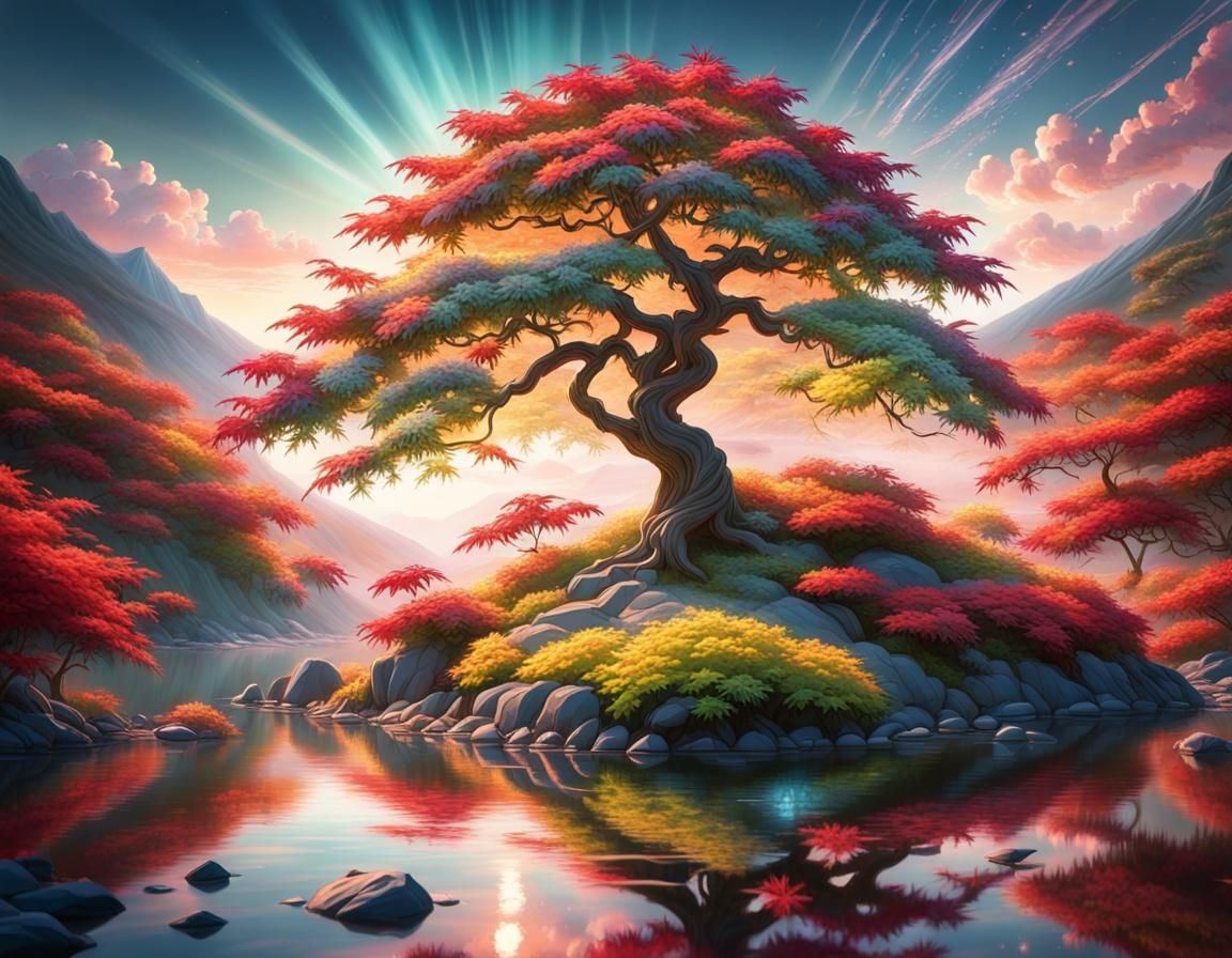 Magical Japanese Maple Tree on Island Lake