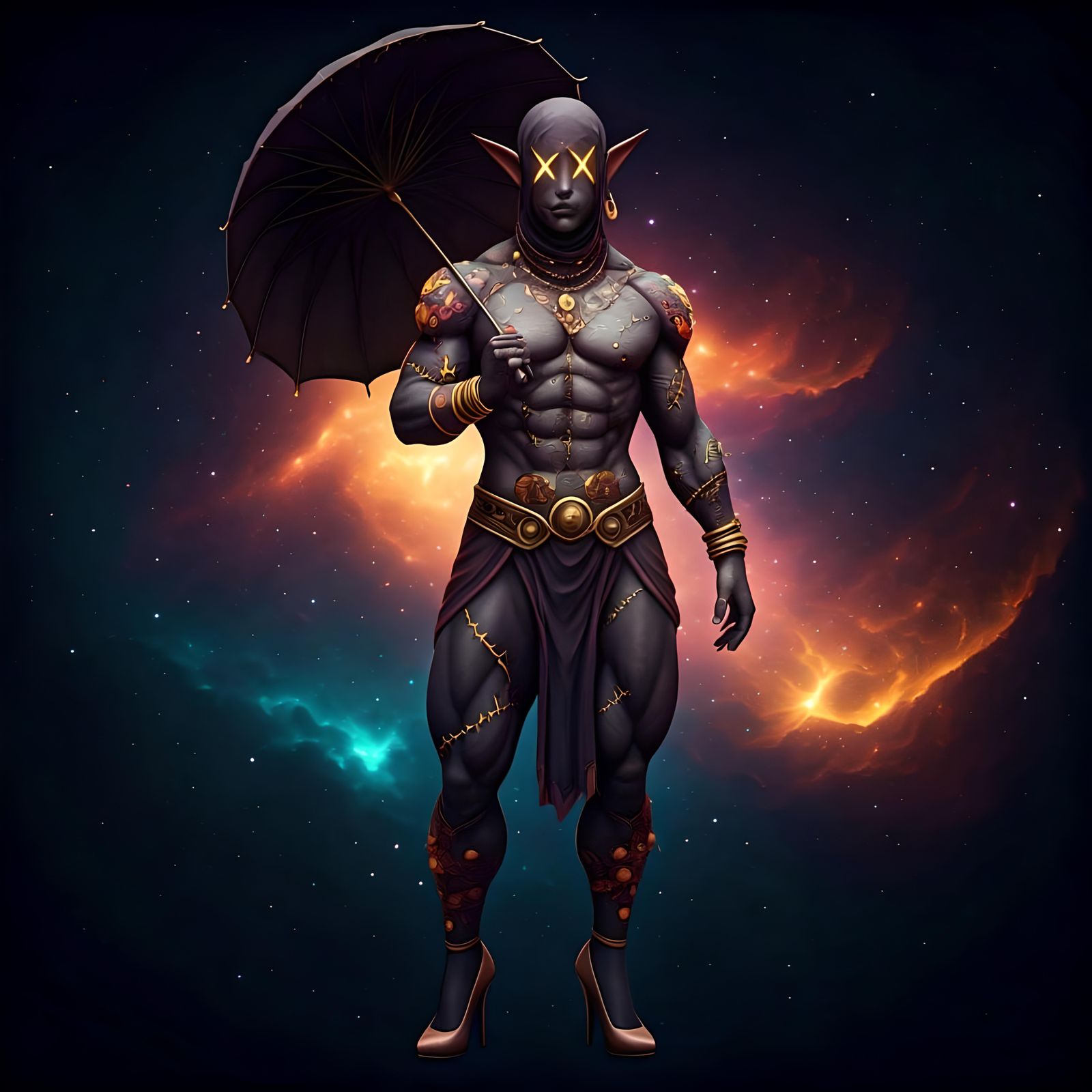 Fabric Elf with Floral Tattoos in Cosmic Setting