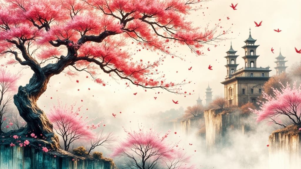 Ancient Pine and Cherry Blossoms in Ink Wash Style