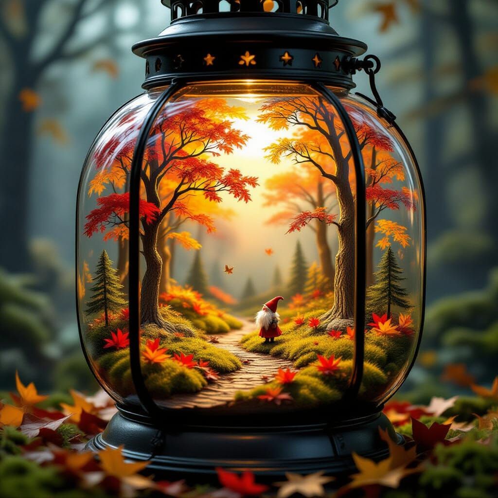 Autumn Forest Diorama Inside Antique Lantern, Ethereal Fanta...