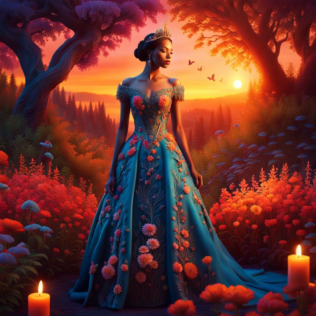 Sunset Woman in Fairytale Floral Forest