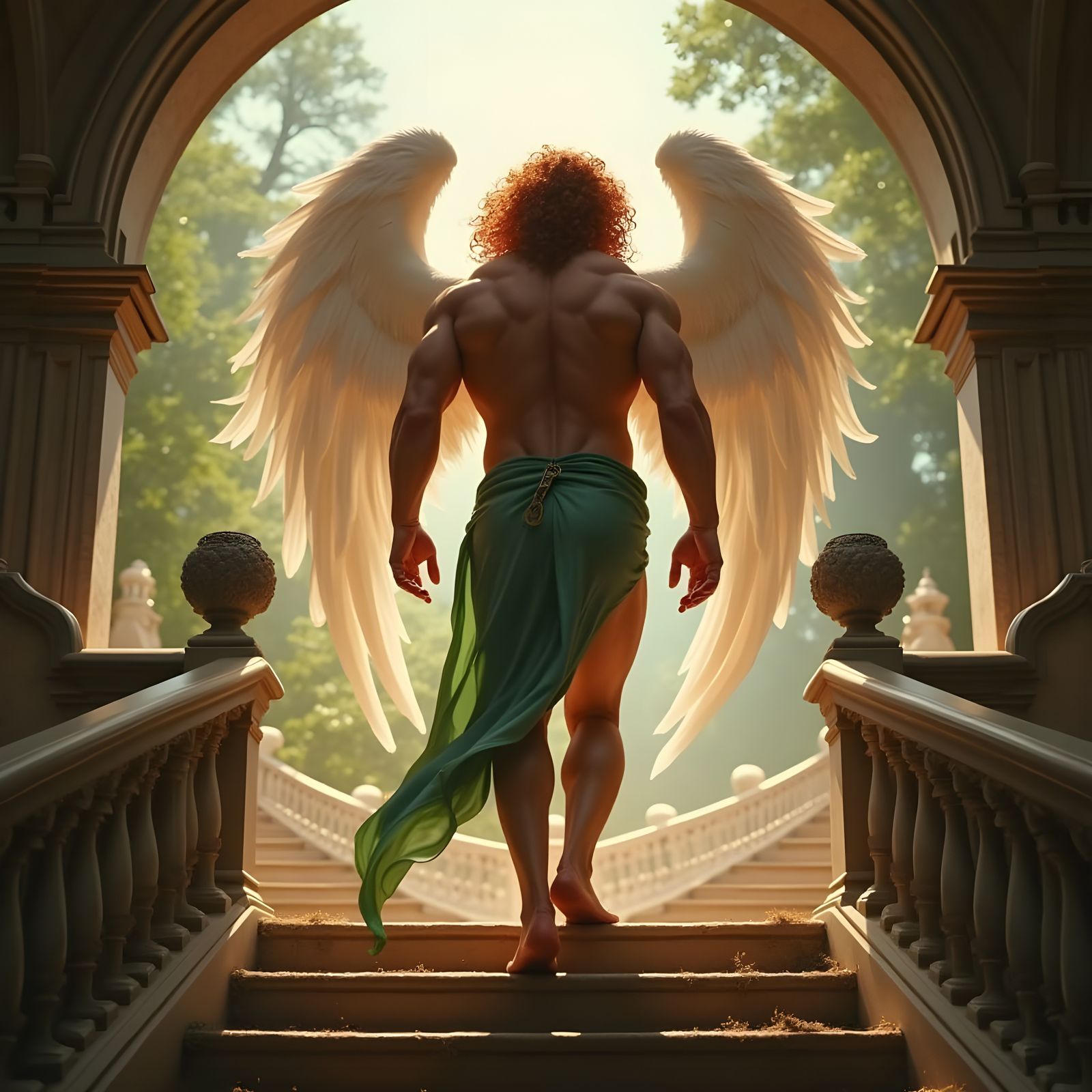 Hyper-Muscled Angel Ascends Opulent Stairway