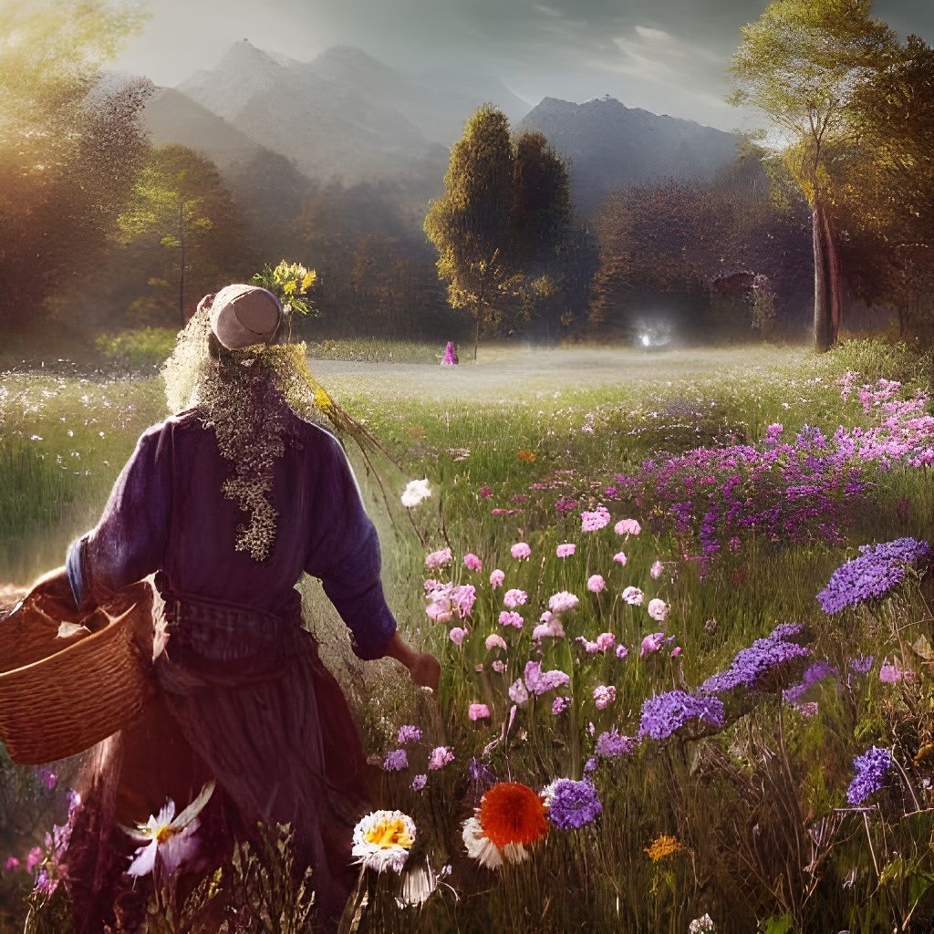 Herbalist Harvesting Flowers in Morning Light, Art Nouveau