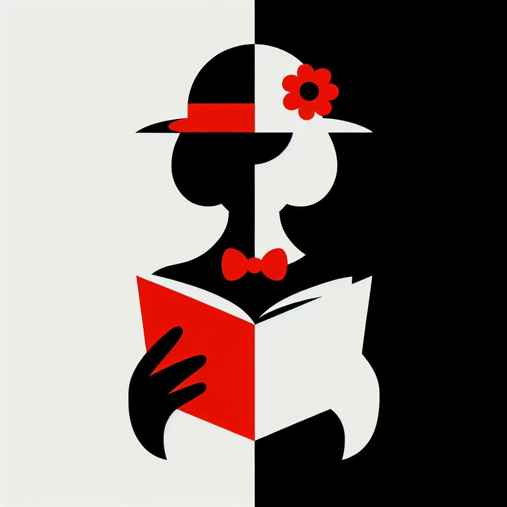 Minimalist Vector Art: Woman Reading in Red, Black, and Whit...