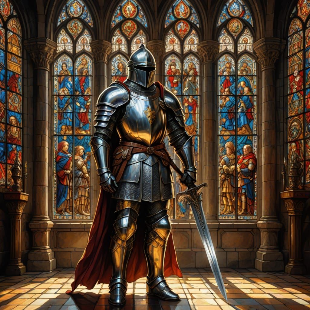 Regal Knight in Grand Hall, Medieval Fantasy Art