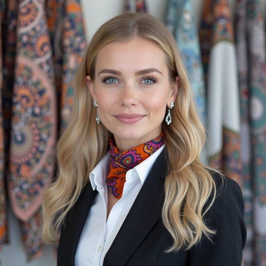 Elegant Businesswoman Displays Paisley Scarves