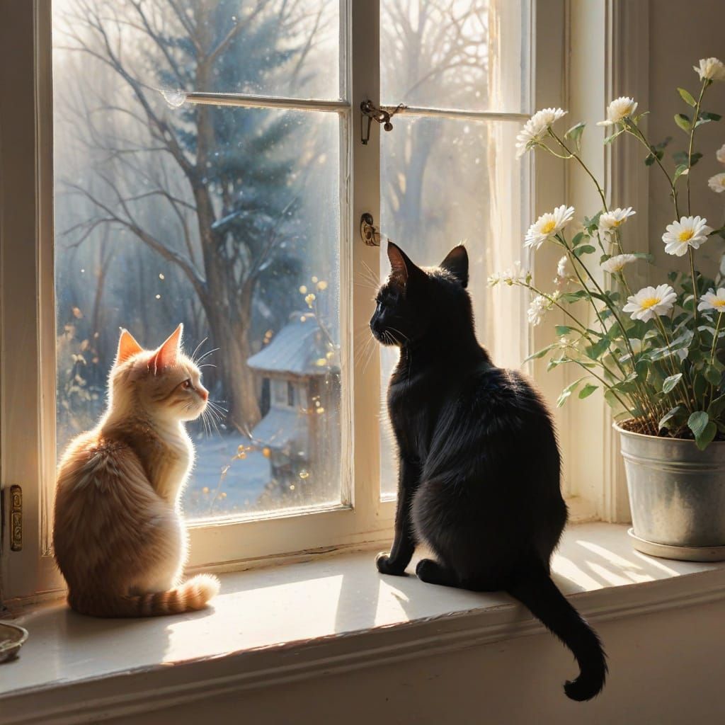 Whimsical Watercolor Kittens Gaze Out at Birds on a Feeder