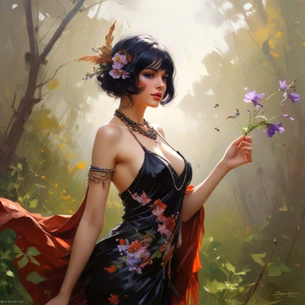 Glamorous Flapper Goddess in Whirling Leaves