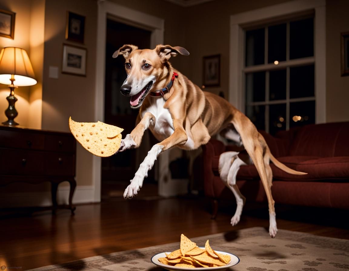 Greyhound Dog Catches Chips in 1940s Living Room