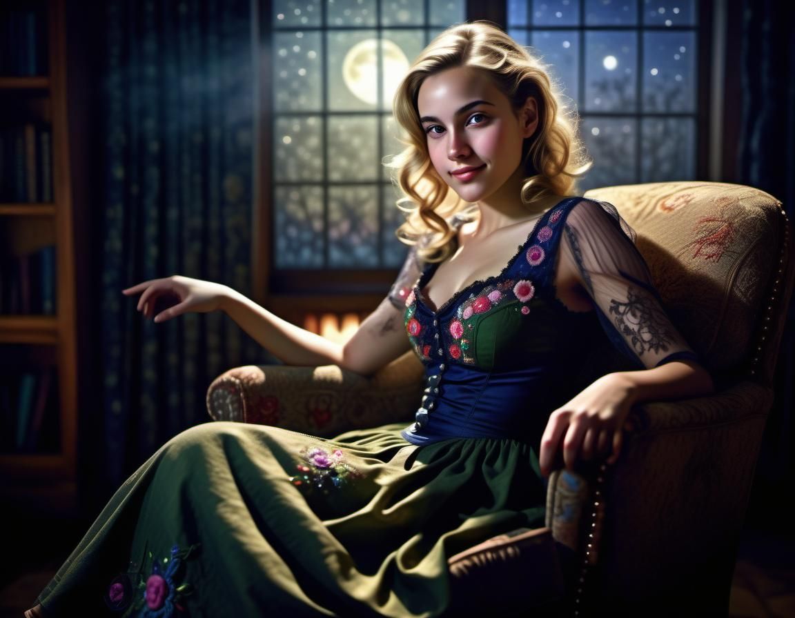 Night Starlight: Woman Lounging by Fireplace