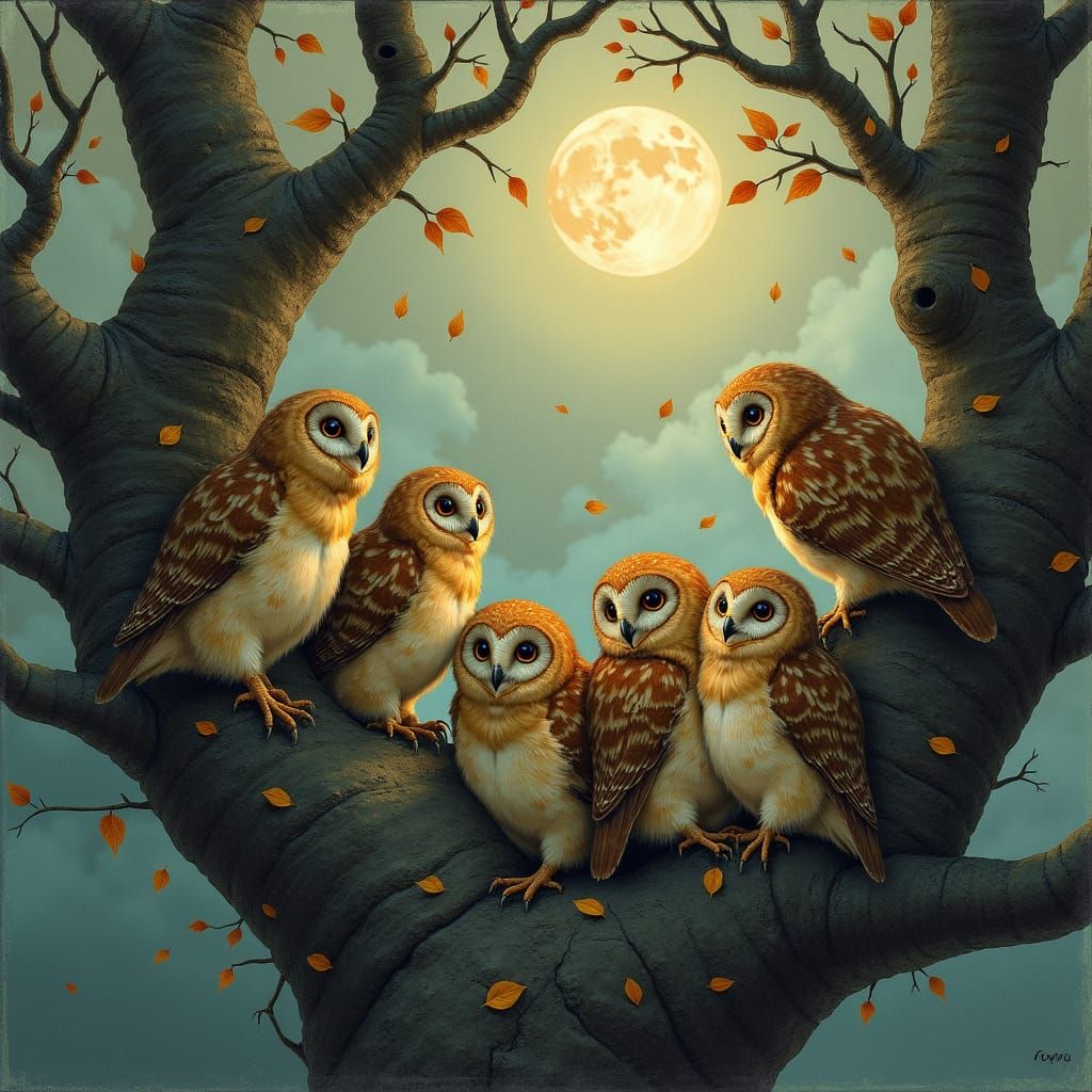 Wise Owls in Mystical Moonlit Fantasy