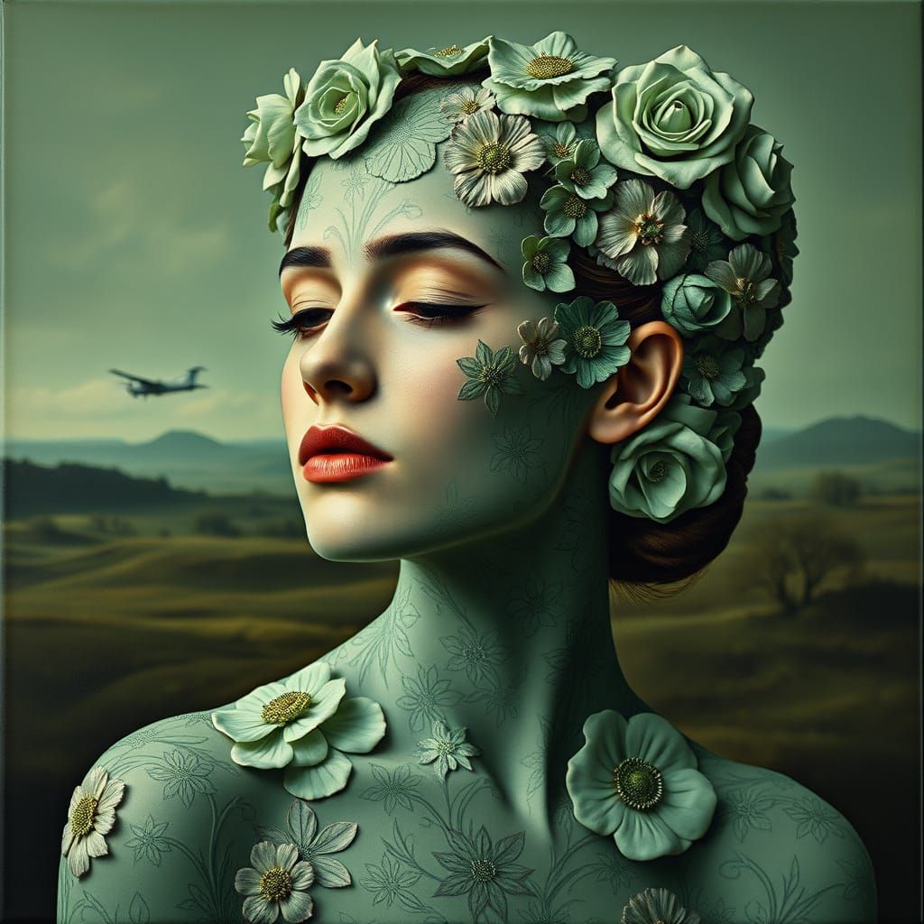 Pensive Woman with Psychedelic Floral Patterns in Chiaroscur...