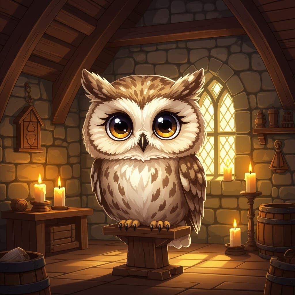 Cute Chibi Tawny Owl in Cozy Medieval Castle Room