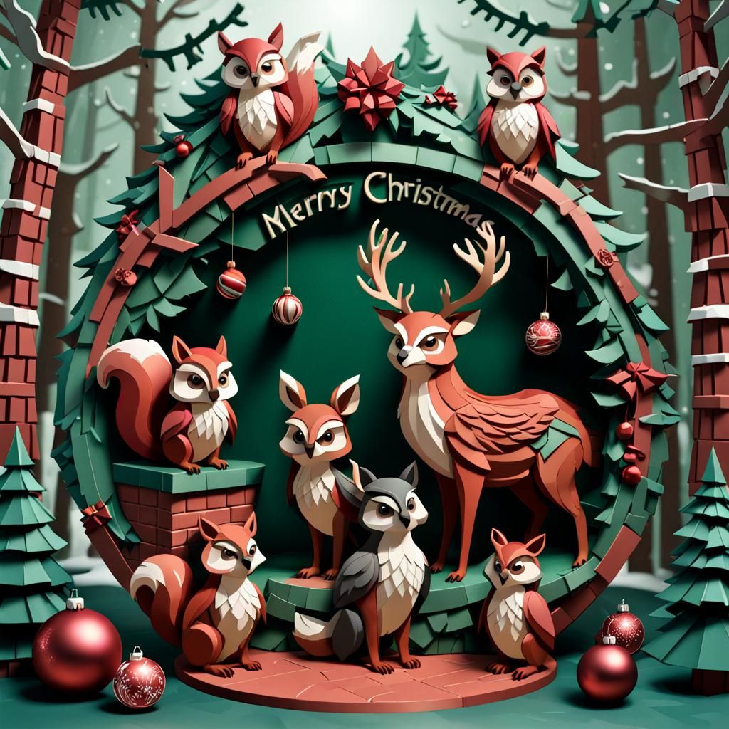 Christmas Animals Logo in Voxel Art Style