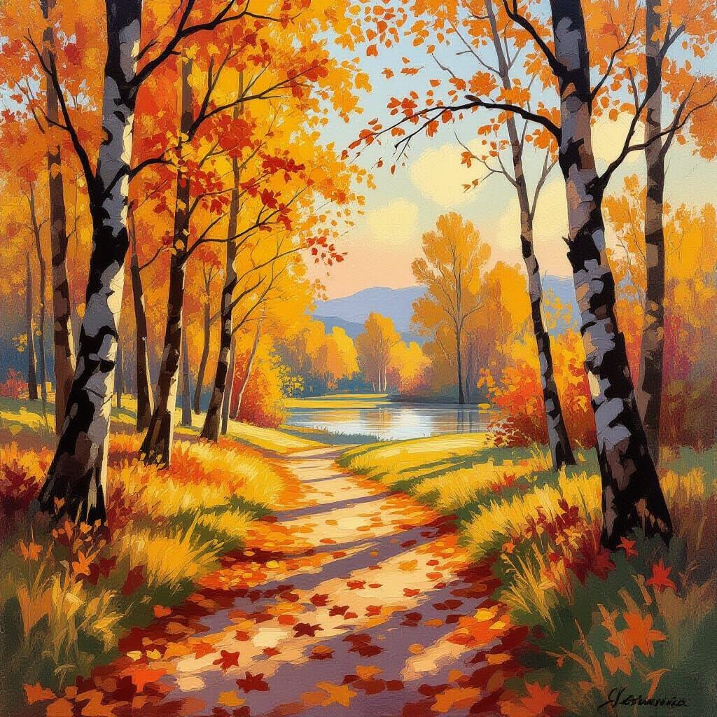 Impressionist Autumn Landscape with Golden Light