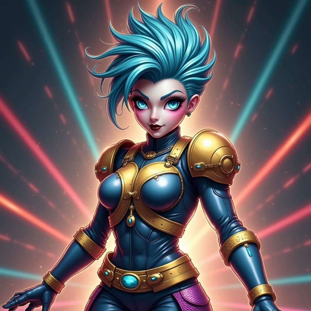 Glamorous Cyberpunk Goddess in Whimsical Garden