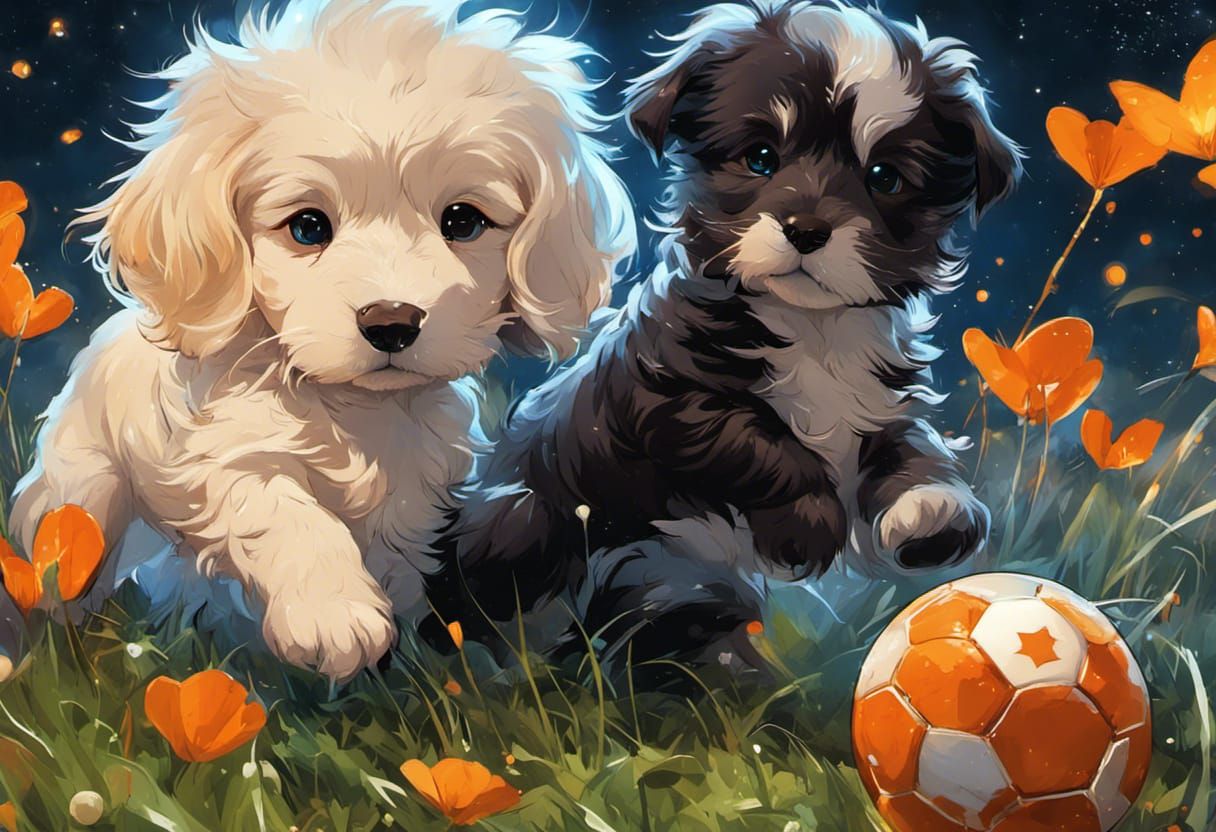 Chibi Shepherd Puppies Play Soccer Under Bioluminescent Cons...