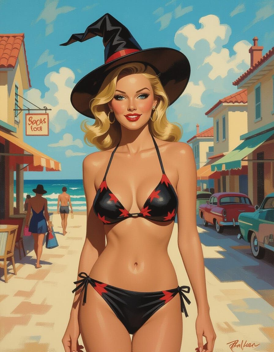 1950s Pin-Up Woman Walks to Beach in Halloween Bikini