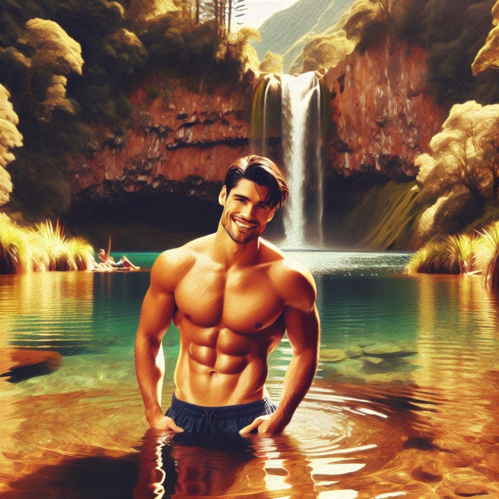 Romantic Maori Man in Serene Pond Scene, Impressionist Style