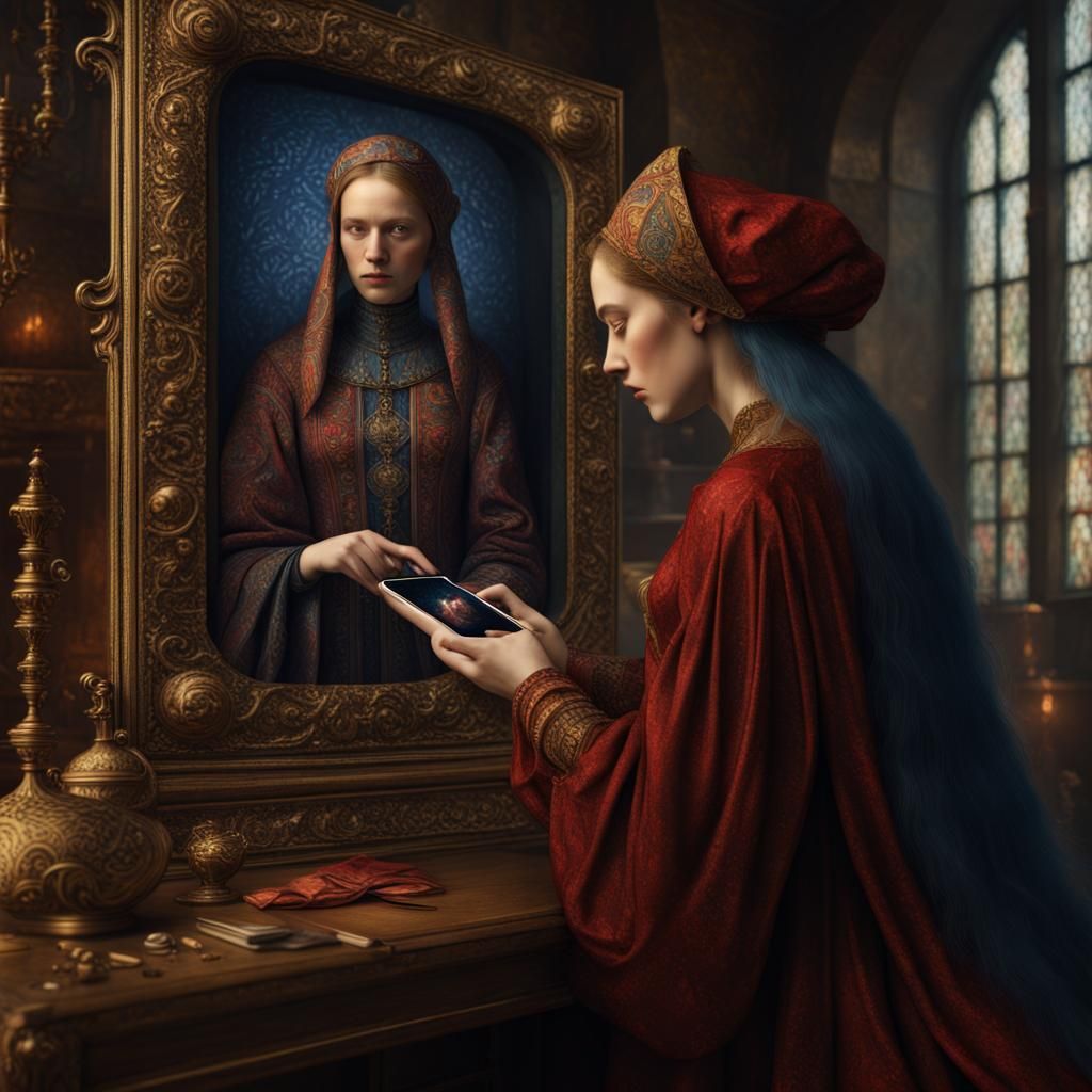 Woman with iPhone in Van Eyck Style