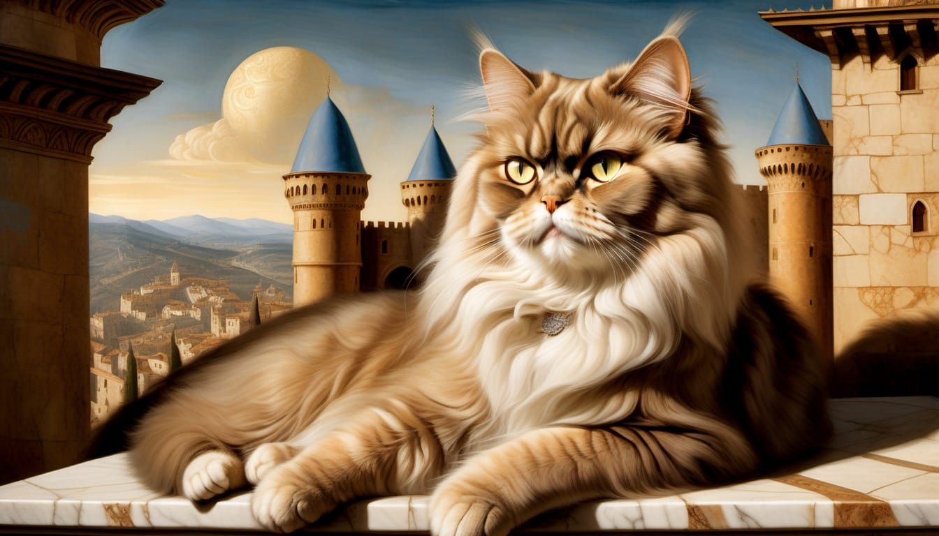 Renaissance Fresco: Majestic Cat Overlooks Village