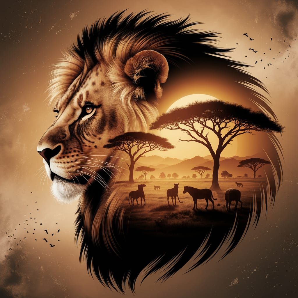 Regal Lion Silhouette in Sunset African Savanna