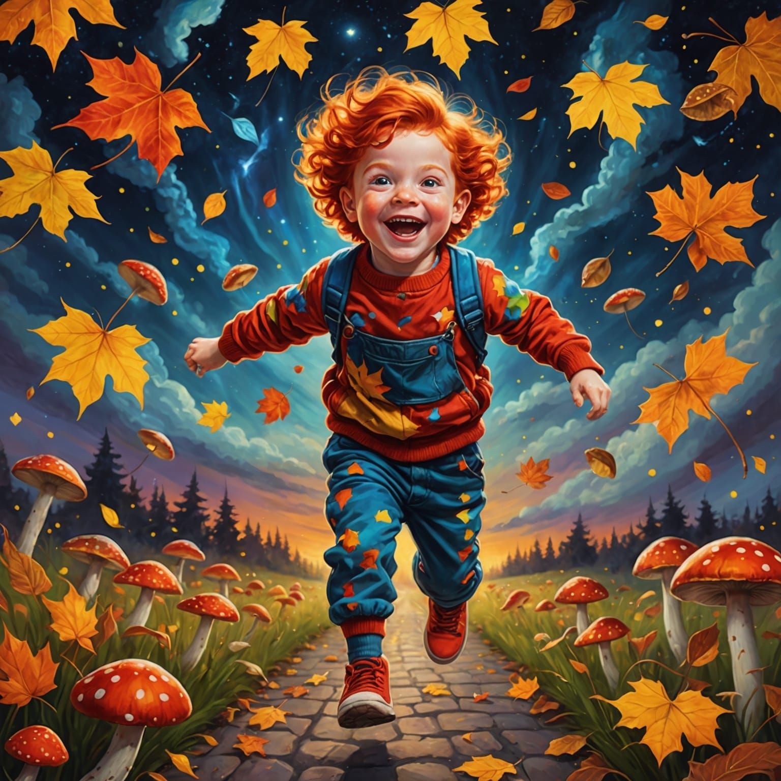 Ecstatic Redhead Jumps Over Autumn Dreamscape