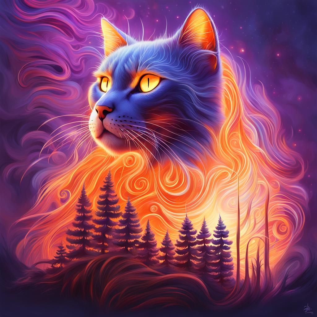 Mystical Cat in Violet and Orange Hues