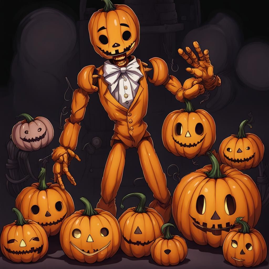 Animatronic Pumpkin Character in Anime Style
