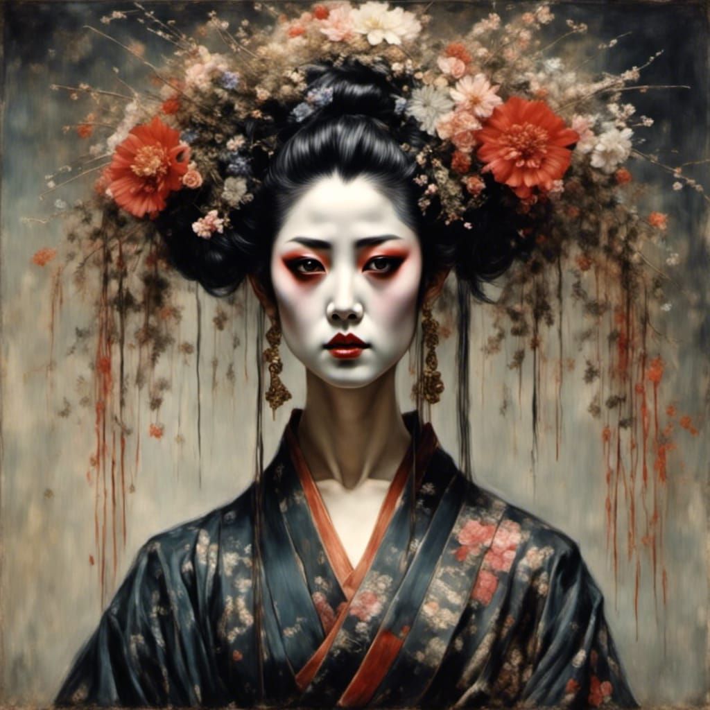 Sinister Geisha with Black Eyes: Haunting Portrait