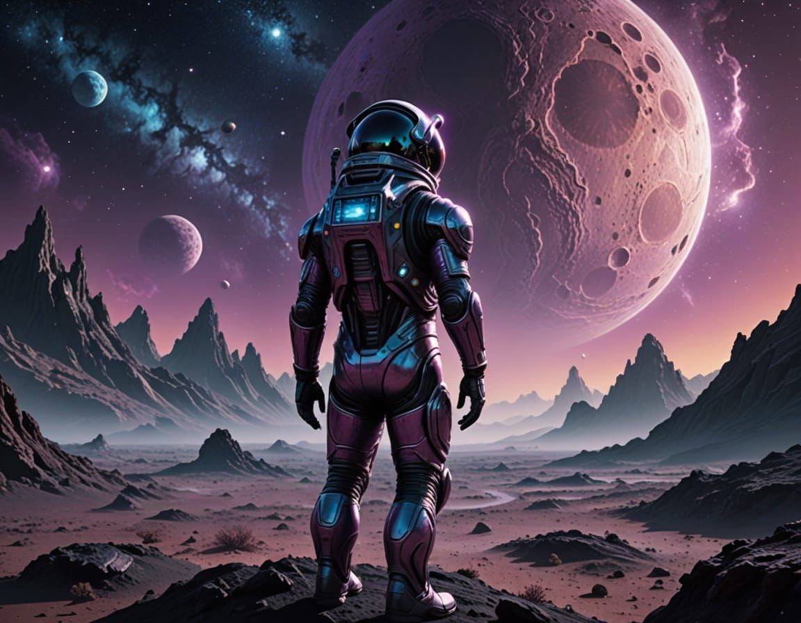 Astronaut Gazes at Colossal Moon on Alien Planet