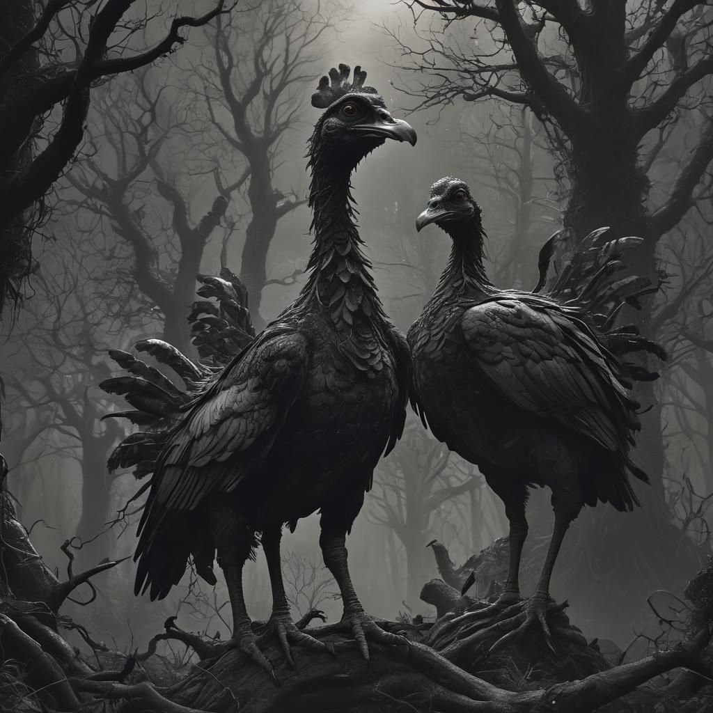 Three-Headed Bird Creature in Gustave Doré Style