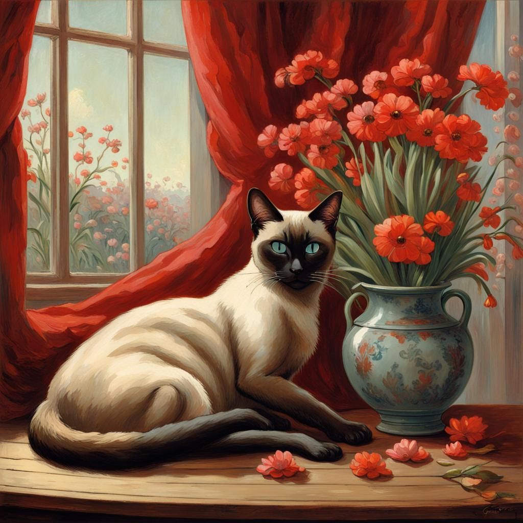 Siamese Cat with Flowers, Etching Style