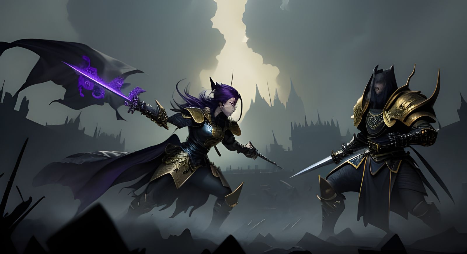 Dark Fantasy Dragon Warrior Fights Skeleton Army