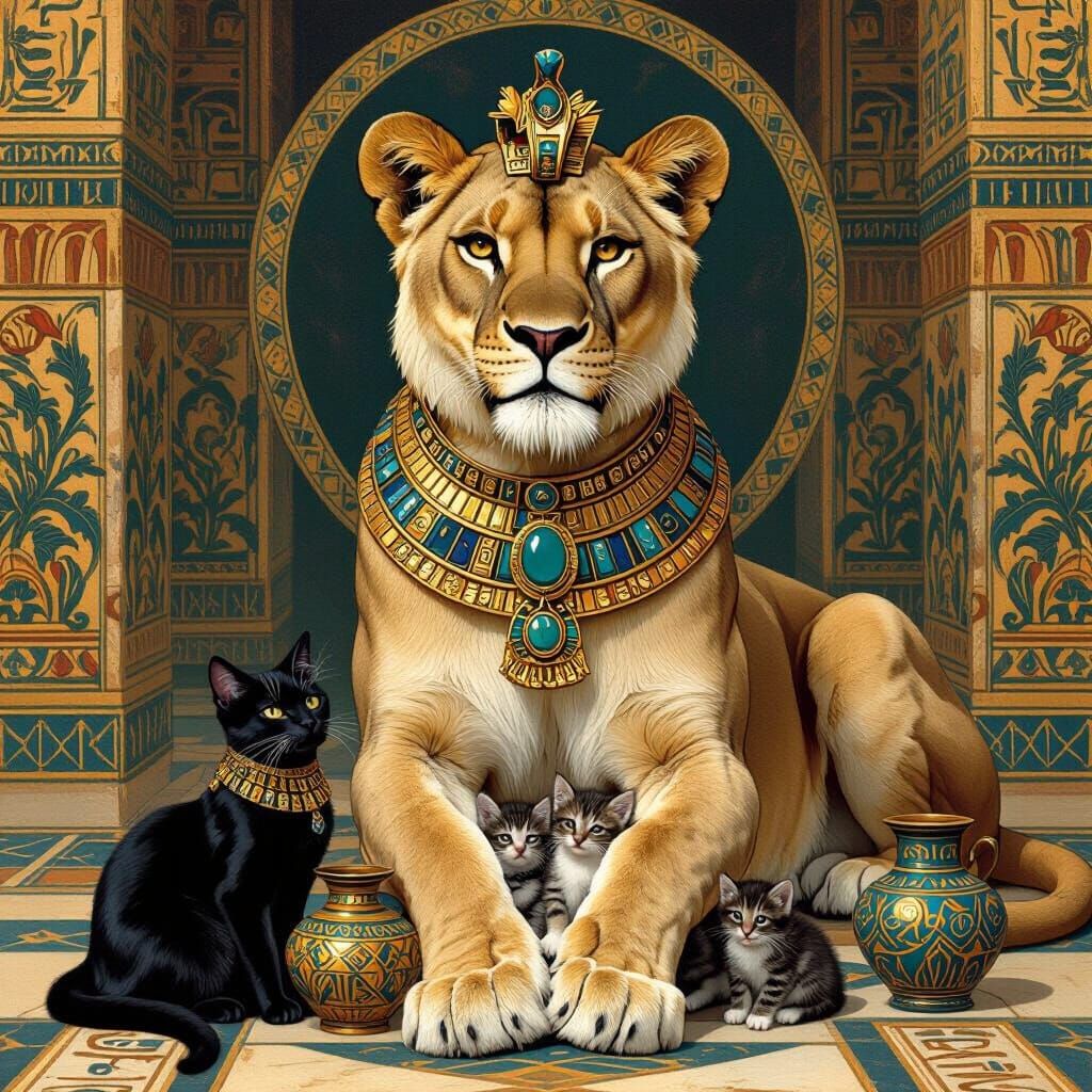 Lioness Guarding Palace with Cats, Art Nouveau Style