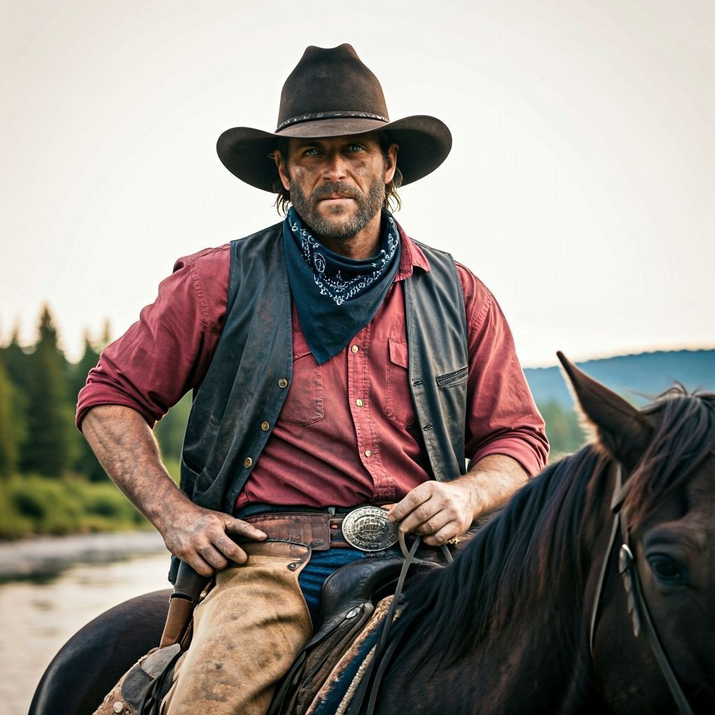 Rugged Cowboy Portrait on Horseback at Sunset